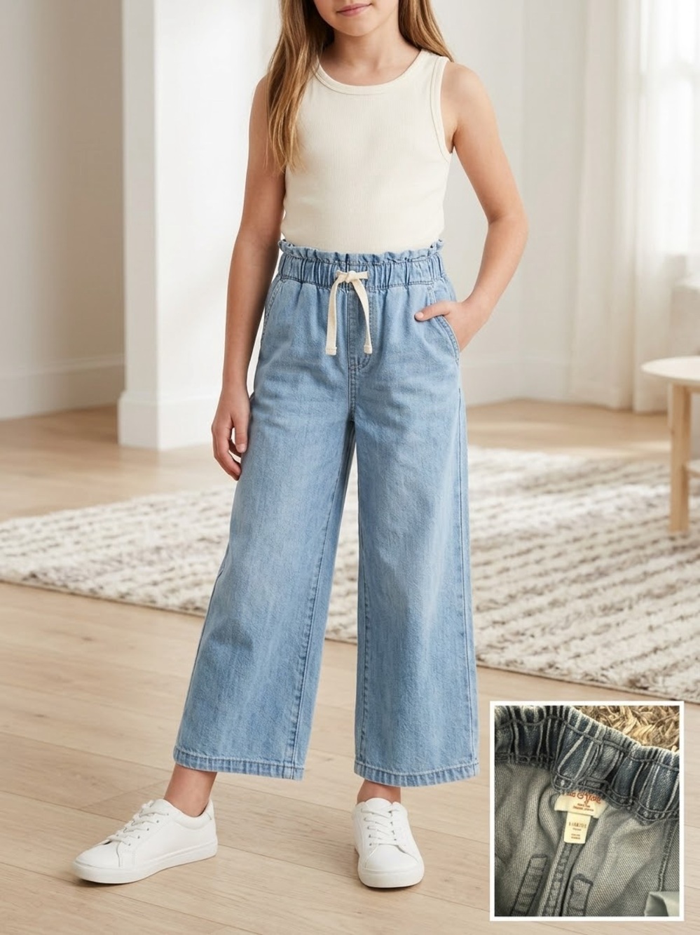 Cat & Jack Girls Light Wash Wide Leg Jeans Elastic Waist L (10/12)